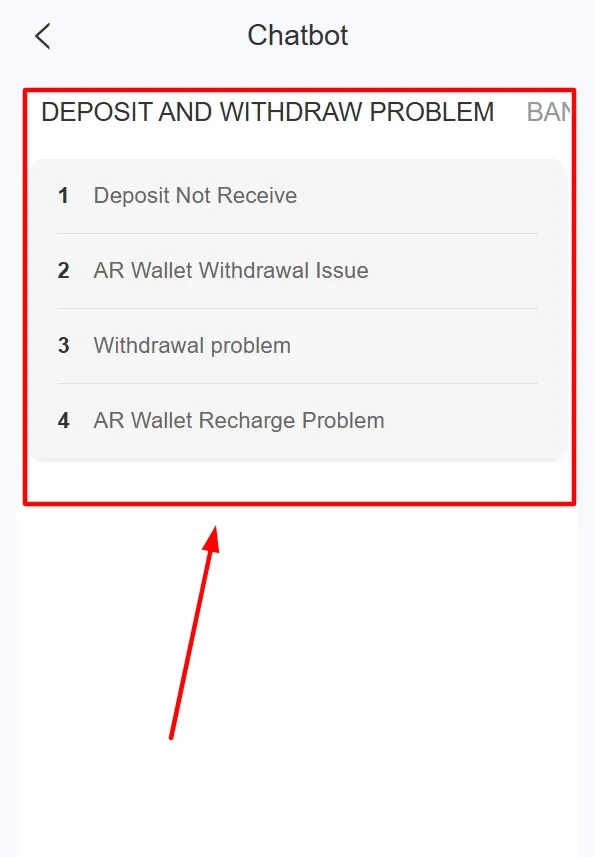 List of problem options available to choose from